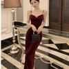 Velvet Dress Women's Morning Inside Temperament Socialite Medium and Long Suspender Skirt Pleated Waist Hip Skirt