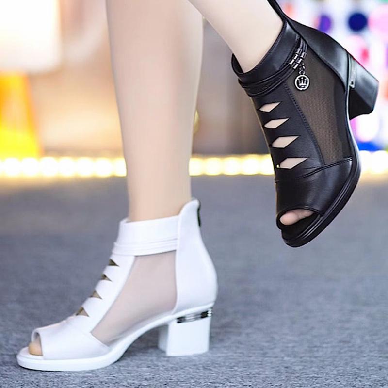 2025 New Women's Shoes Mesh Female Boots Fashion Thick Heels Mom Shoes Breathable Fish Mouth Shoes Back Zip Women Ankle Boots