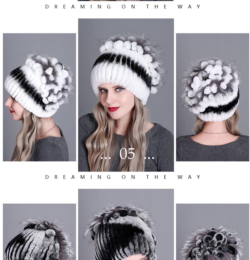 Damska europejska i amerykańska zimowa czapka z grubej wełny z futrem z królika ottera i kwiatem z boku