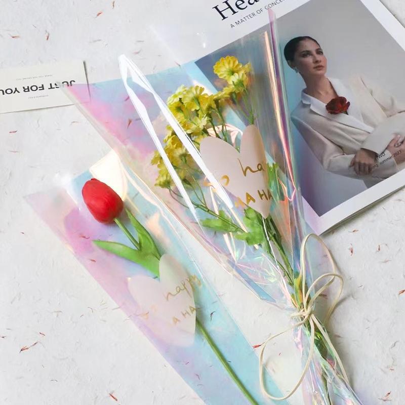 10Pcs Color Transparent Rose Packaging Bags Flower Bouquet Plastic Bag Bouquet Wrapping Paper One Straight Bag Flower Packaging