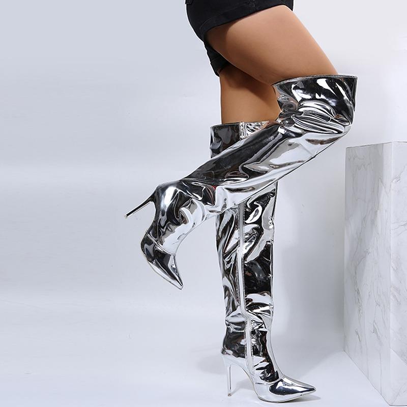 Women Fashion Faux Leather Thigh High Boots Nightclub Style Sexy Anti-Slip Prom Shoes Pointed Toe Long Boots
