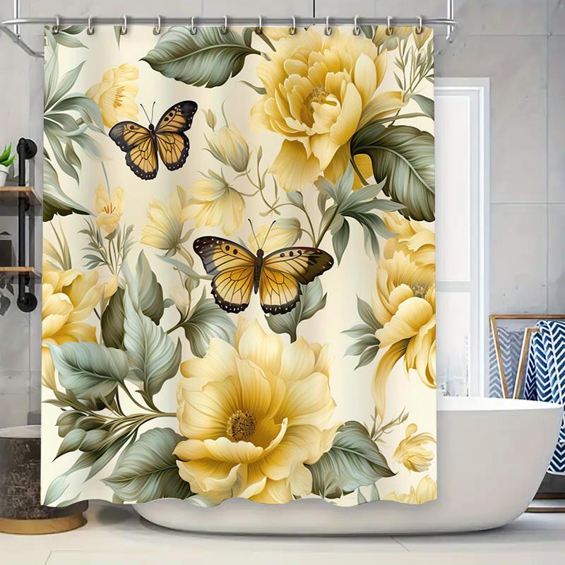

Floral Butterfly Waterproof Shower Curtain Home Decor Bathroom Decoration Printing Flowers Bath Mat Black Yellow Green Leaves Ba 90x180cm