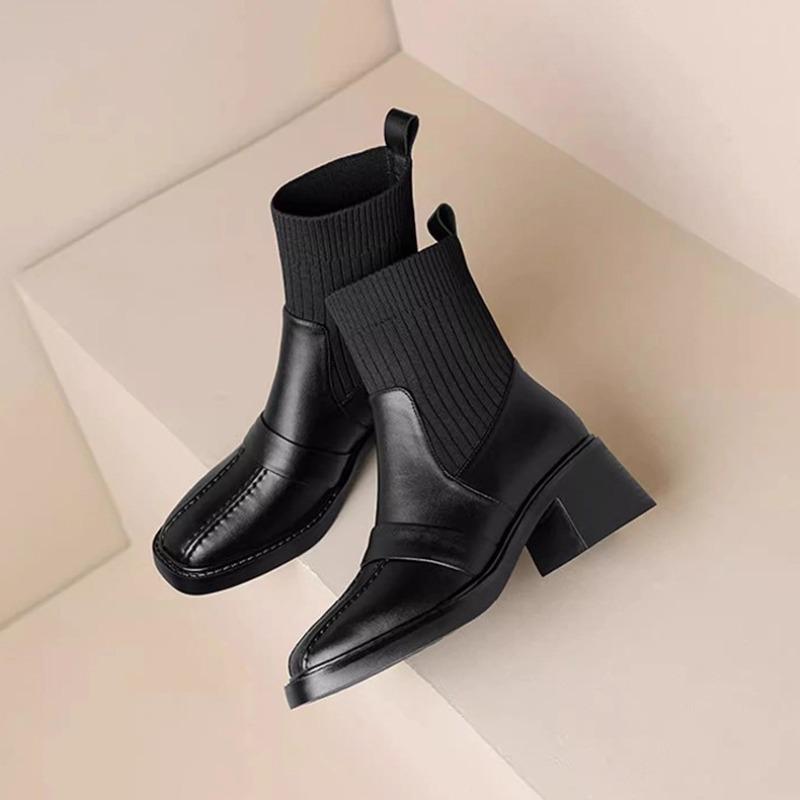 Retro Knitted Tube Thick Heel Short Boots Women's Autumn and Winter New Square Head Soft Leather Thin Boots High Heel Elastic Socks Boots