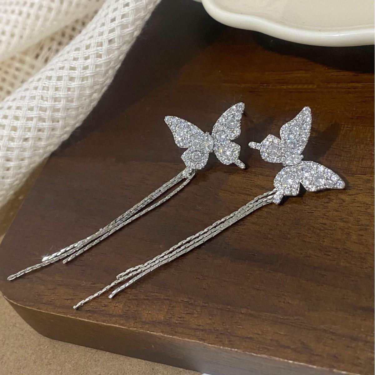 French Minimalist Silver Zircon Butterfly Tassel Earrings: Unique, Fashionable, Versatile Studs