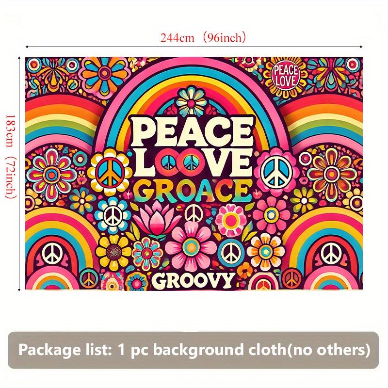 1 Wall Banner - Colorful Hippie Art Style with Flowers Rainbow and "PEACE • LOVE • GROOVY" Design