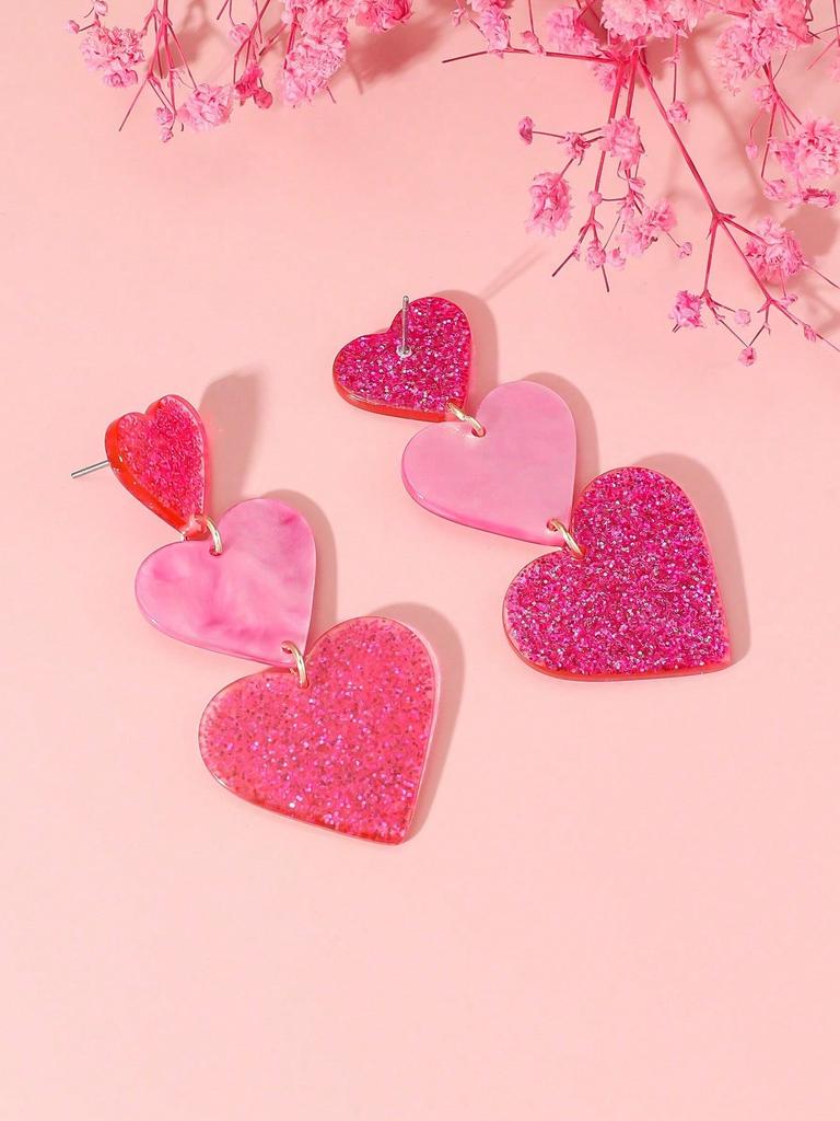 1pair Pink Heart-Shaped Earrings, Women'S Color Blocked Multi-Layer Earring Pendant, Valentine'S Day Acrylic Simple Heart-Shaped Earrings