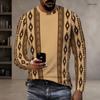 Men Plus Size Round Neck Long Sleeve Geometric Printed Blue Straight Hem T Shirt