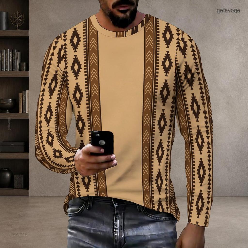 Men Plus Size Round Neck Long Sleeve Geometric Printed Blue Straight Hem T Shirt