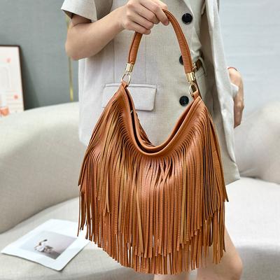 Soft Leather Double-sided Tassel Shoulder Bag for Women Boho Style Large Capacity Casual Fringes Zipper Handbag Crossbody Bag