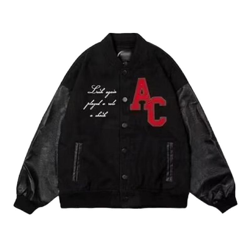 Men's American Retro Towel Embroidery Red Flocking Baseball Jacket - Trendy, High Street, and Loose Fit for Couples