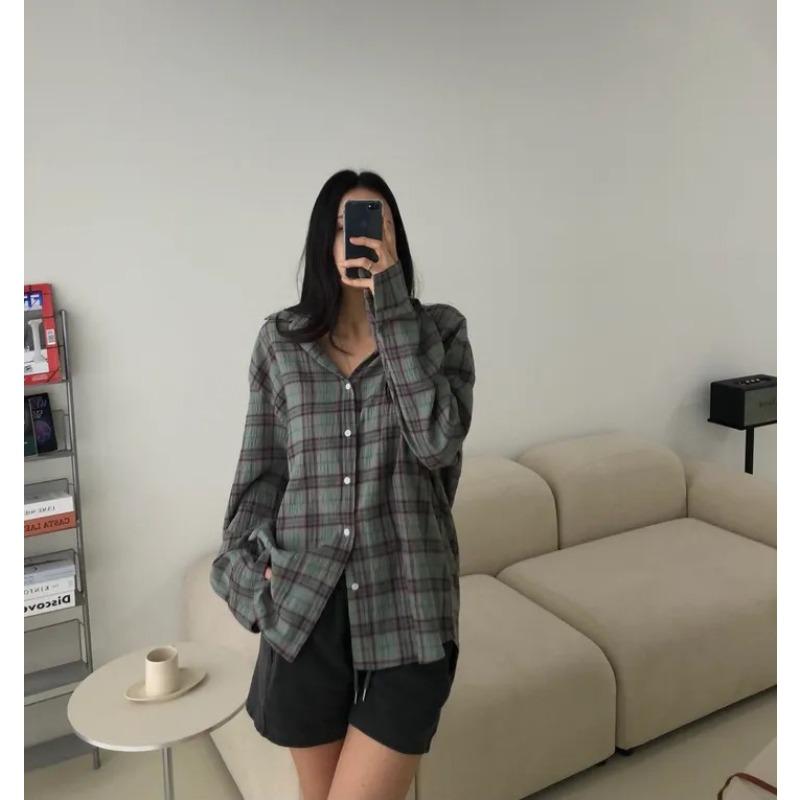 Korean Version Versatile Checkered Loose Shirt for Women Autumn Retro Long Sleeved Shirt Top