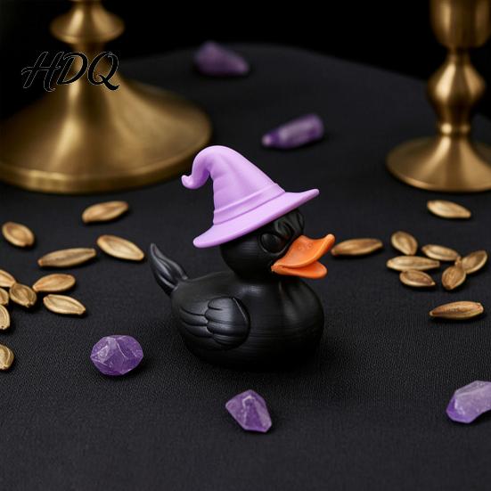 Decorative Duck Sculptures Halloween Witch Black Figurine, 3D Printed Hat Desk Handcrafted Plastic Ornaments Decor, Spooky Tabletop Ornament