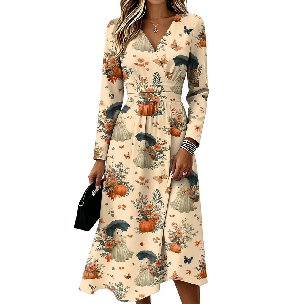Women's Stylish Halloween Print Long Sleeve V-Neck Casual Dress with Pockets