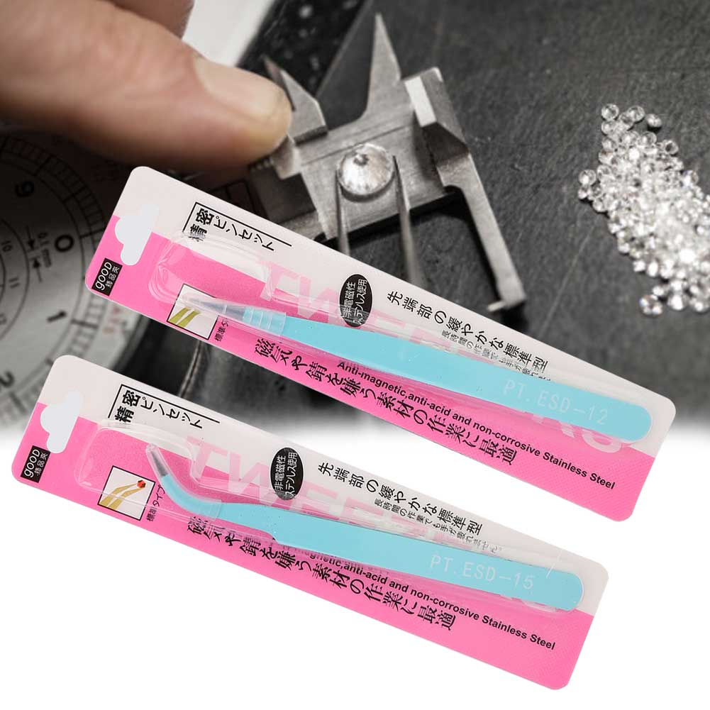 2Pcs Stainless Steel Nail Art Tweezers Anti static Straight Curved Head Manicure Tweezers Blue