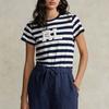 Polo Ralph Lauren SS22 T-shirt da donna a maniche corte con scollo rotondo e strisce con logo Blu WMPOKNINCU20434-410