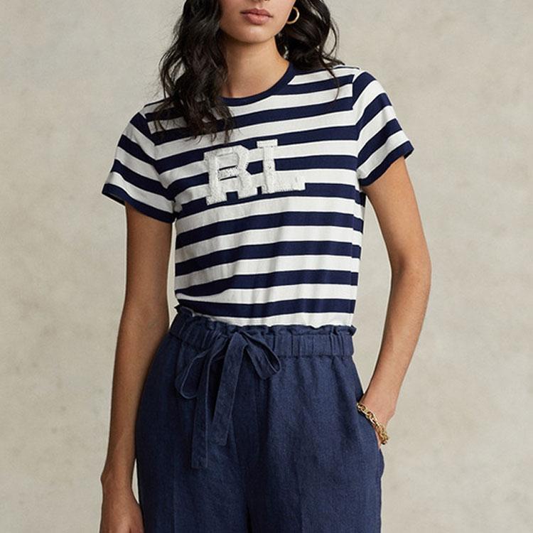 Polo Ralph Lauren SS22 T-shirt da donna a maniche corte con scollo rotondo e strisce con logo Blu WMPOKNINCU20434-410