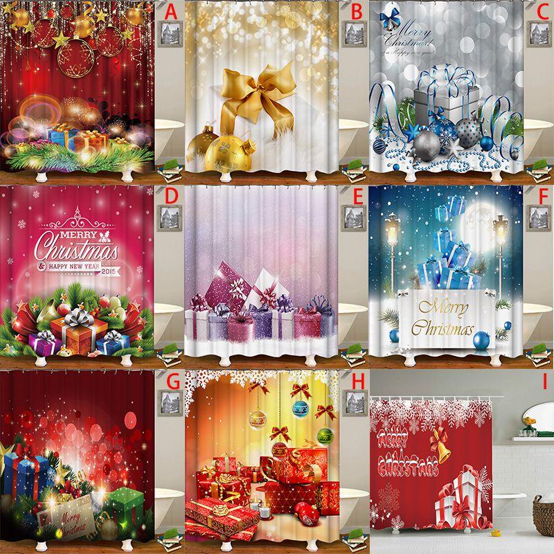 Festive Christmas Gift Boxes In Snow Shower Curtain Waterproof Fabric With Hooks