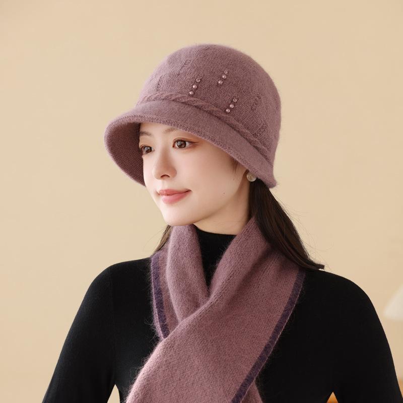 Hat Women'S Middle-Aged And Elderly Knitted Hat Rabbit Fur Velvet Warm Pullover Hat Autumn And Winter Cold-Proof Mother Hat Fashion Shows Small Face