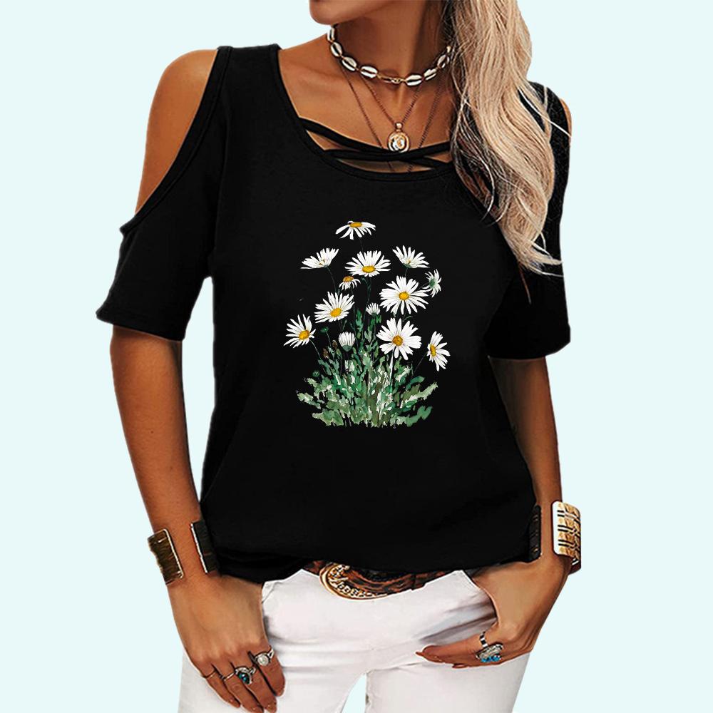 

Women Fashion Off Shoulder Tee Shirt Summer&fall Round Collar Short Sleeve Top Female Fashion Flower Print T-shirt 5Xl чорний