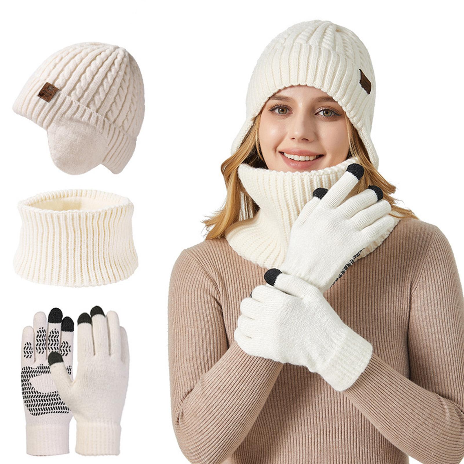

Winter Warm Knitted Hat Scarf Gloves 3-Piece Set for Men Women Thermal Ear Protect Snowflake Unisex Cold Weather Accessories