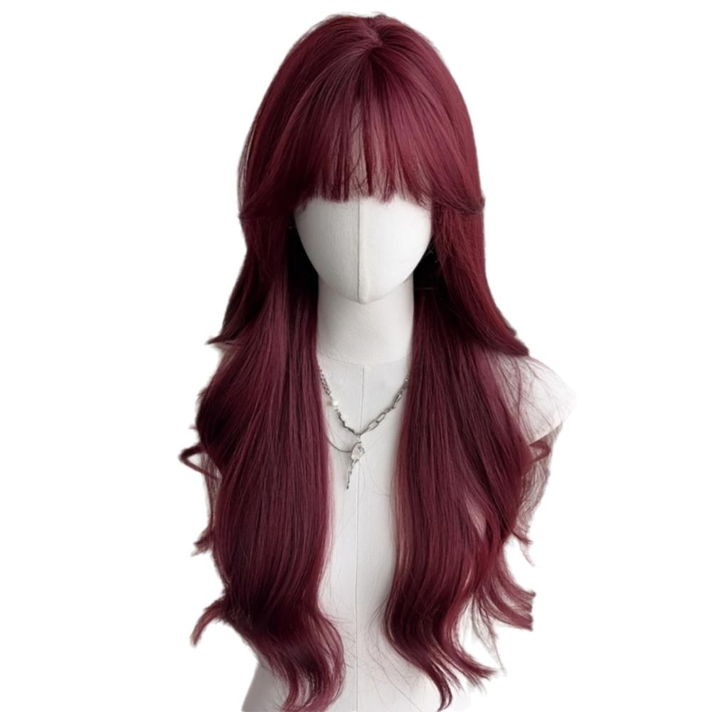 Rose Red Synthetic Wigs with Bangs Halloween Cosplay Lolita Wigs Cute Long Curly Wavy Hair  Women