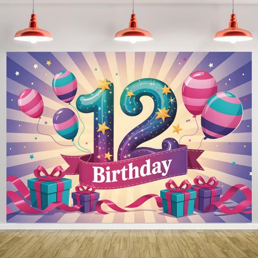 Happy 12th Birthday Banner Black Gold Balloon Background Party Decoration Boys Girls Birthday  Photography Backdrop Kids Gifts