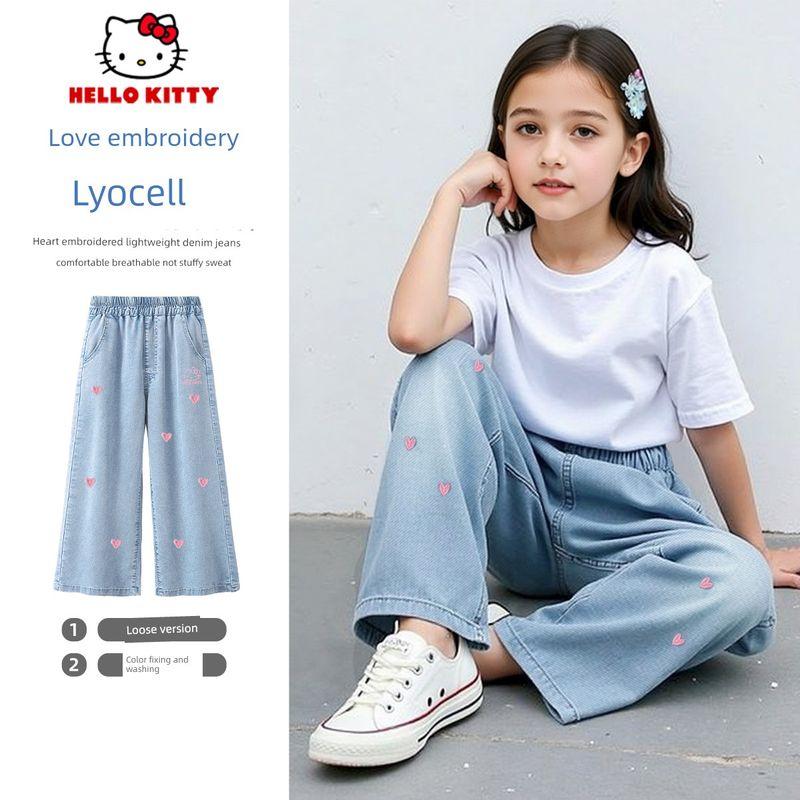Джинсы для девочек Hello Kitty Лето 2025 Новые детские прямые широкие брюки Повседневные брюки для девочек старшего возраста Ti Guaiguai Cat K Denim Light Blue 130