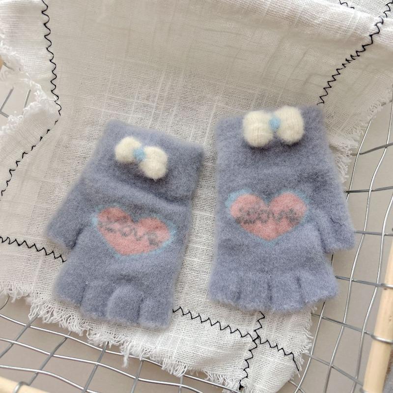 Winter New Women's Half-finger Older Children Keep Warm, Five-finger Writing Love Bow Cute Knitted Gloves