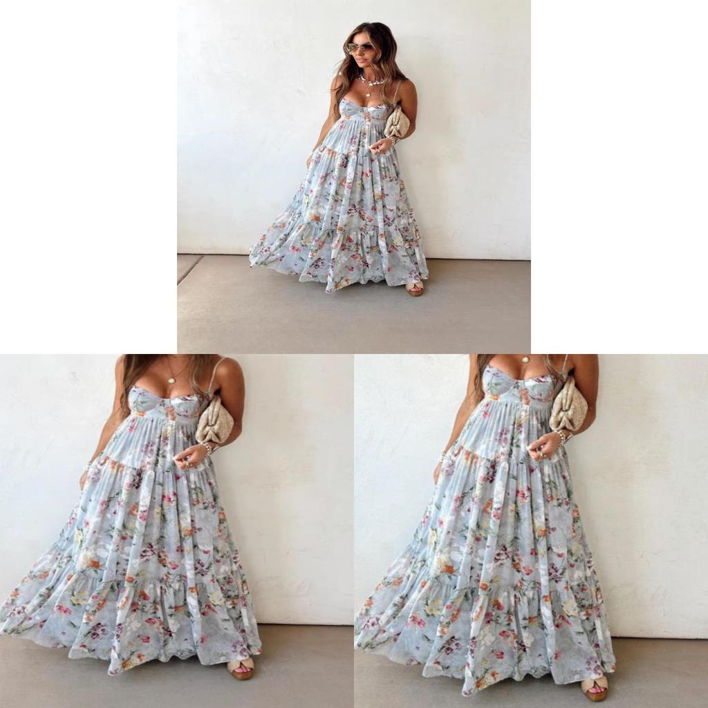 Polyester Floral Print Sleeveless Backless Dress For Summer Elegant Womens Fashion
