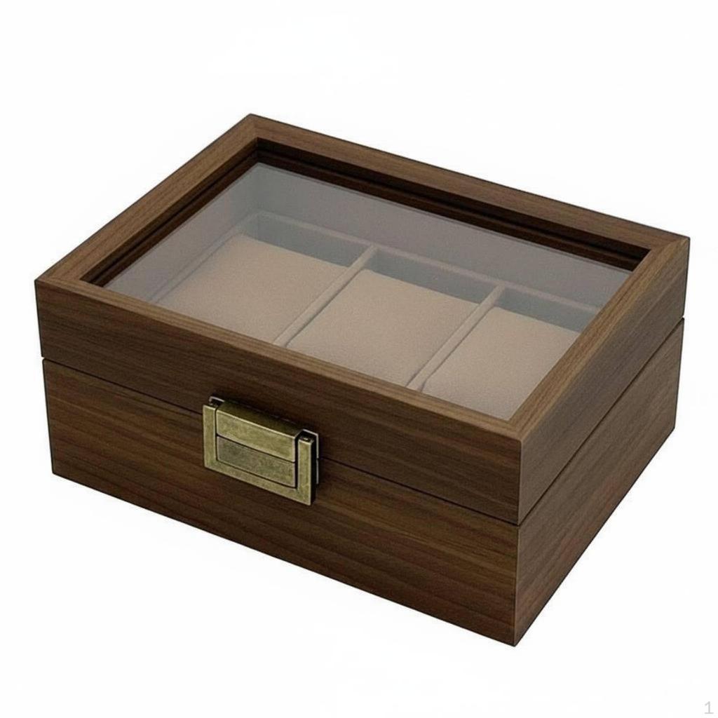 3 Slot Watch Box Cushioned Lined Lumber Chronometer BrassTone Hardware
