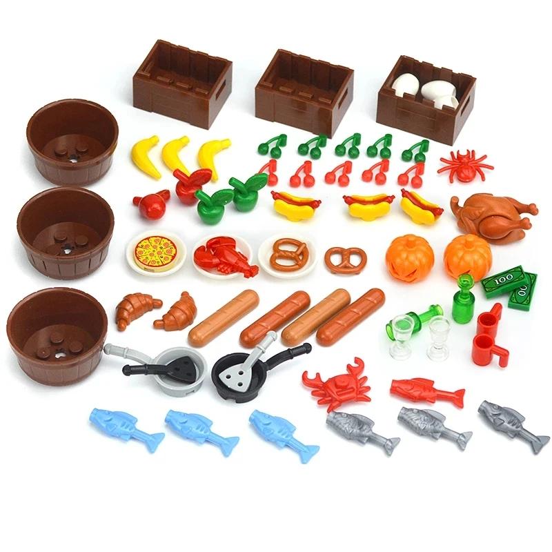 Food Brick Playset City Series Friend Accessory Parts Bread Chips Roast Chicken Pizza Hot Dog Fish Fruit Carrot Basket Classic DIY Block Bricks