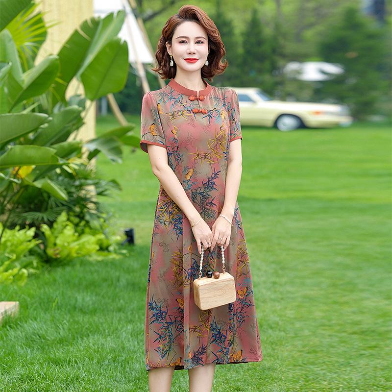 

2026 Summer Chinese-Style Short Sleeve Dress for Middle-Aged and Elderly Women 3XL (suggested 120-130 jin) червоний