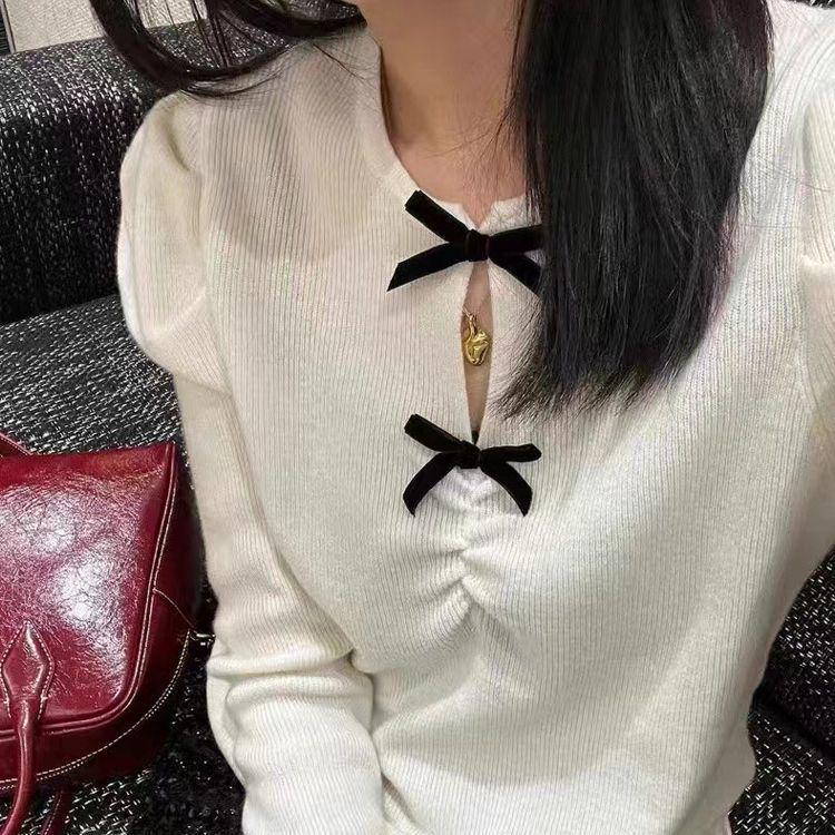 Winter Soft Slim Hollow-Out Knit Sweater with Bow Detail