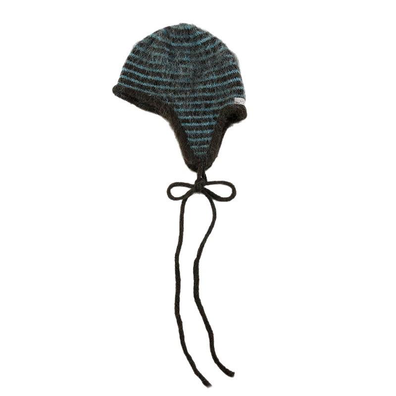 Retro Koreanischer Stil Mohair Gestreifte Strick Ohrenklappenmütze für Damen - Niedlich und Warm für Herbst/Winter