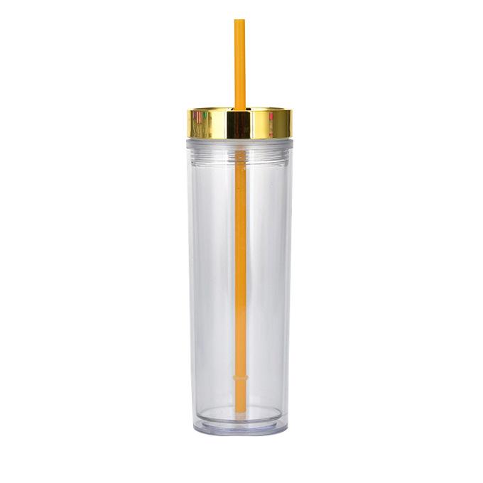 16Oz Double-Layer Plastic Straw Cup, Simple Skinny Straight Cup, Fixed Rose Gold Electroplated Lid Water Cup