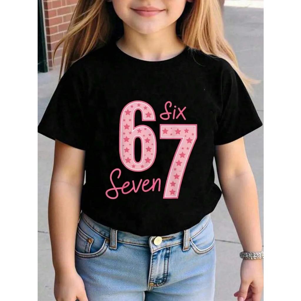 Children's printed short-sleeved round neck T-shirt for girls, casual wear, comfortable children's clothing, girls' apparel