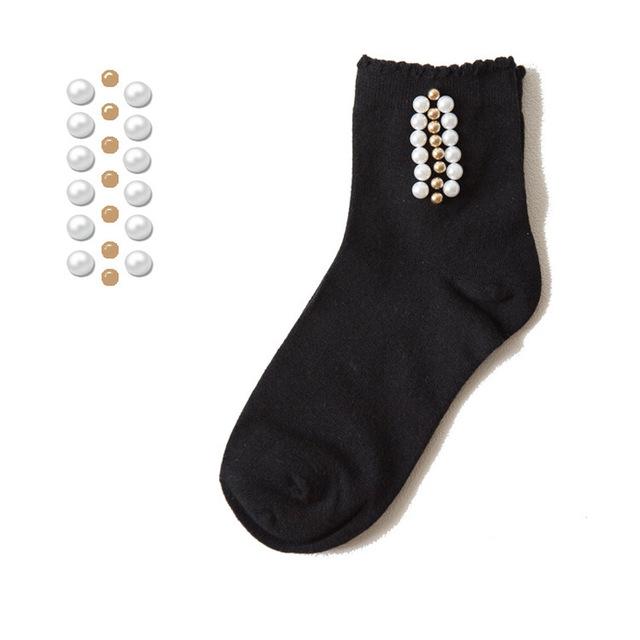 Black/White Korean Reto Pearl Socks Women Elastic Cotton Handmade Meias Creative Socks Harajuku Calcetines Mujer