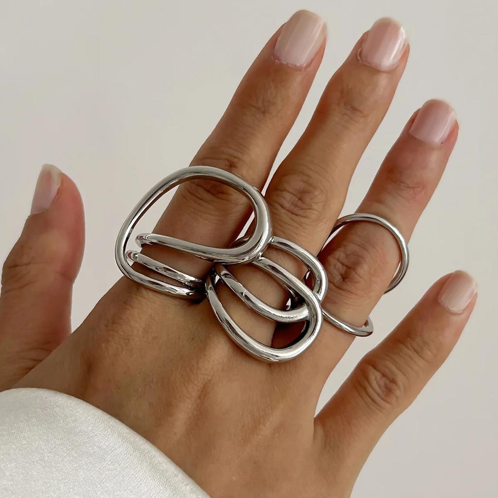 Punk Irregular Metal Line Rings for Women Men Gold Copper Color Geometric Hollow Circular Adjustable Finger Knuckle Ring Zircon