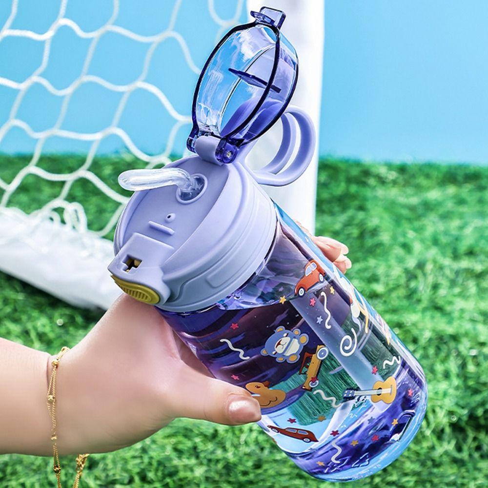 Portable 550ML Water Bottle Cartoon Print Leak Proof Drinking Bottle with Straw Anti-fall Water Cup for Students