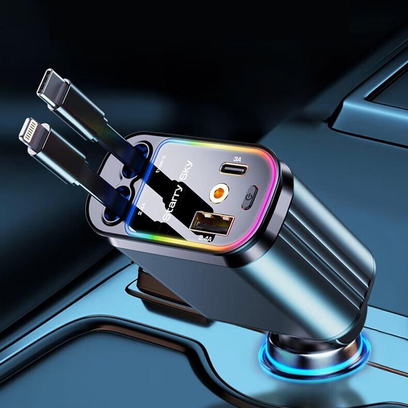 

New Starlight Roof Car Charger 120W 4-in-1 Retractable Fast Charging with USB-C Lightning Cable for iPhone Samsung Auto Cigarett чорний
