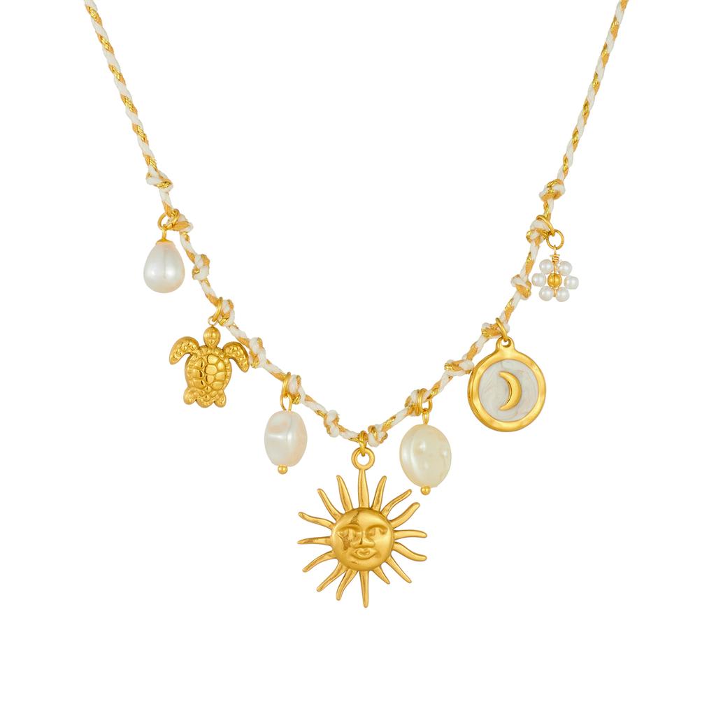 316L Stainless Steel Yellow White Rope Chain Sun Face Moon Tortoise Pendant Necklace 18k Gold Plated Waterproof Jewelry