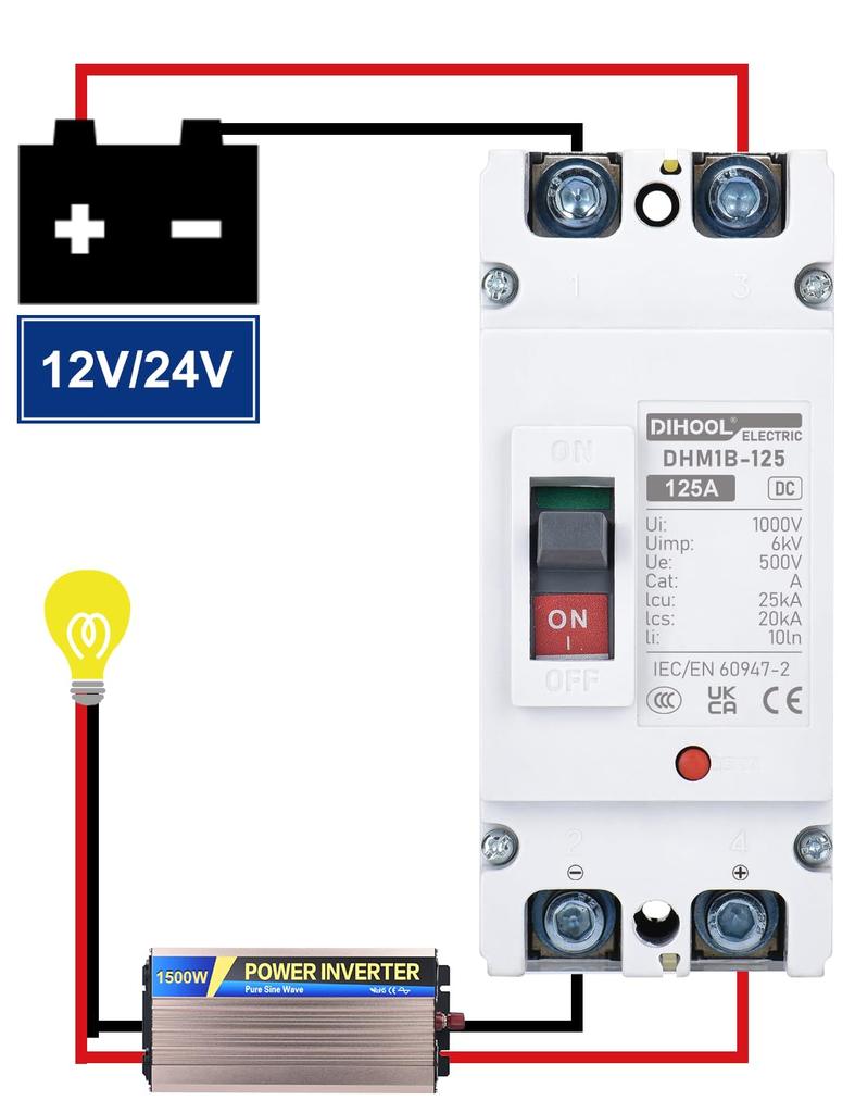 Wyłącznik DC DIHOOL, 125A, 2P, DC12-500V, MCCB, do obwodów DC takich jak wytwarzanie i magazynowanie energii słonecznej