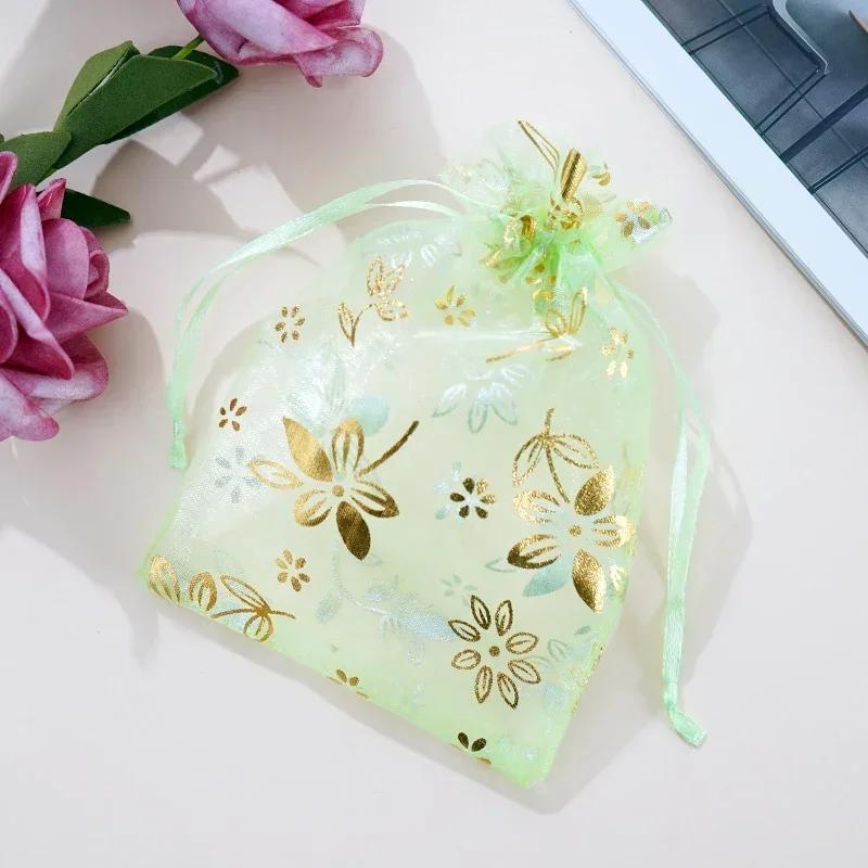 50piece Gold Stamp Rose Pattern Gauze Bag Colorful Pull Rope Self Sealing Storage Bags Candy Gift Accessory Package Jewelry Pouc