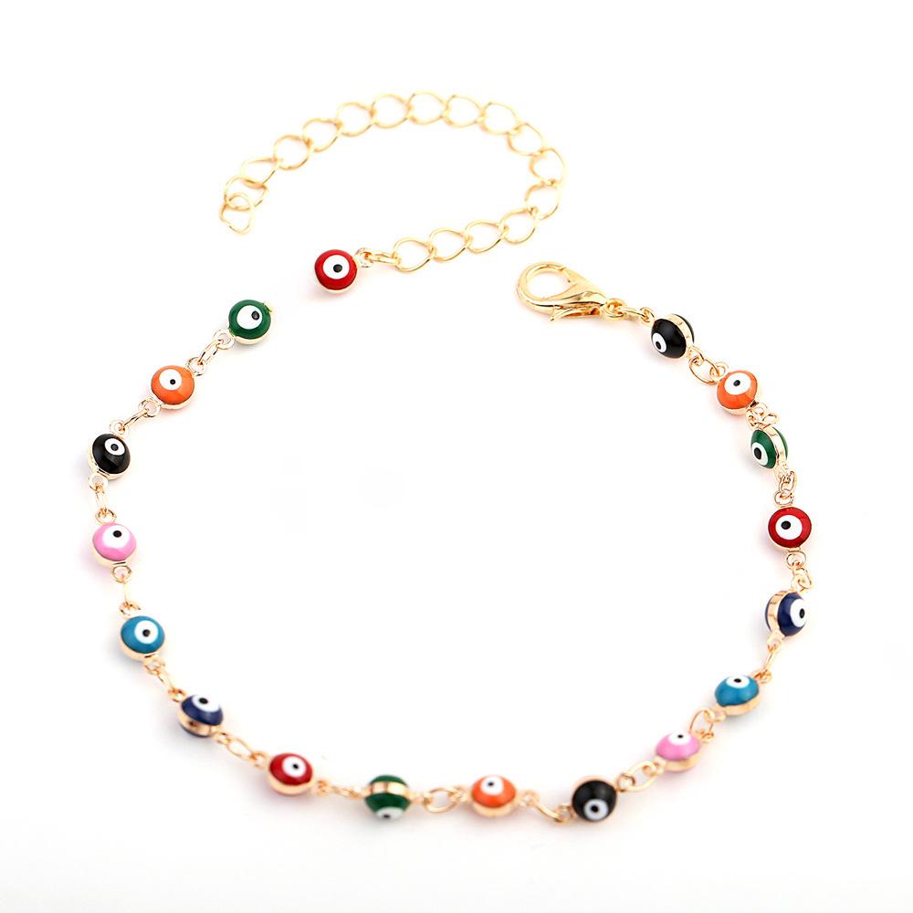 Blízkovýchodní retro náramek na kotník se zlým okem s barevnými smaltovanými květy a přívěskem ve tvaru dlaně
