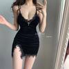 American Pure Desire Low-cut Sexy Dress for Women, Summer New Hot Girl Velvet Lace Spaghetti Strap Bra Pad Pencil Skirt