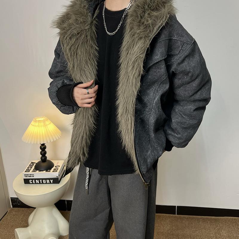 Men s Hooded Fur Collar Cotton Jacket - Thick, Velvet-Lined Winter Coat M (for 75-110 kg)