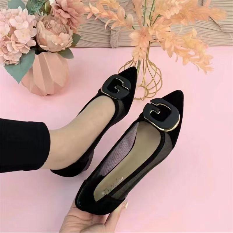 Mesh Sandals Women's 2025 New Spring and Summer Shallow Mouth Pointed Head Low Heel Thick Heel Single Shoes Hollow Breathable Large Size Women's Shoes