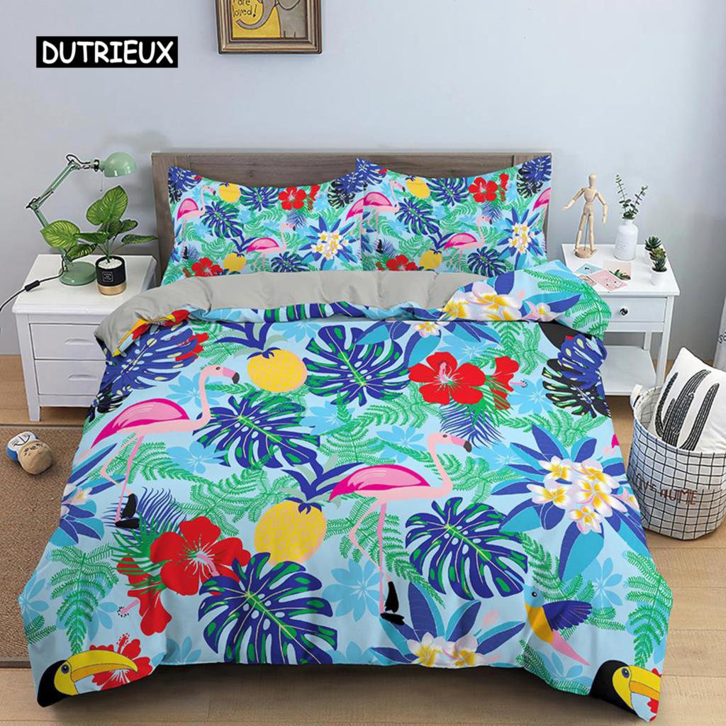 Flamingo Duvet Cover Set Purple Tropical Botanical Bedding Set Coral Flamingo Soft Breathable Queen King Polyester Quilt Cover