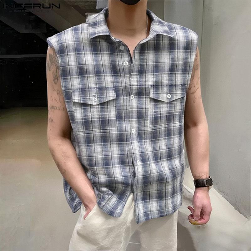 

INCERUN Men Lapel Sleeveless Gradient Plaid Print Casual Shirts Tank Tops 5XL світло-коричневого кольору