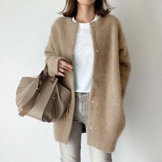 Women Winter Coat Single-breasted Solid Color Long Sleeves Loose Knitted Keep Warm Sweaters